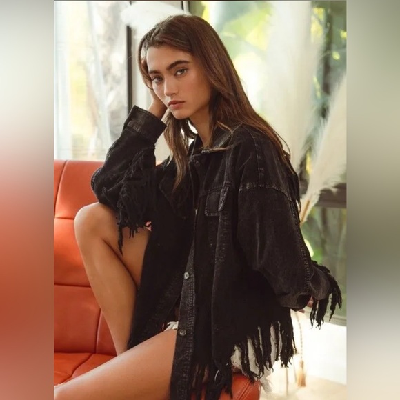 BiBi Jackets & Blazers - BiBi Black Fringe Distressed Light Weight Jacket